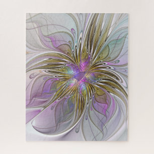 Floral Colorful Abstract Fractal With Pink & Gold Jigsaw Puzzle