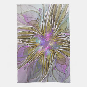 Floral Colorful Abstract Fractal With Pink & Gold Kitchen Towel