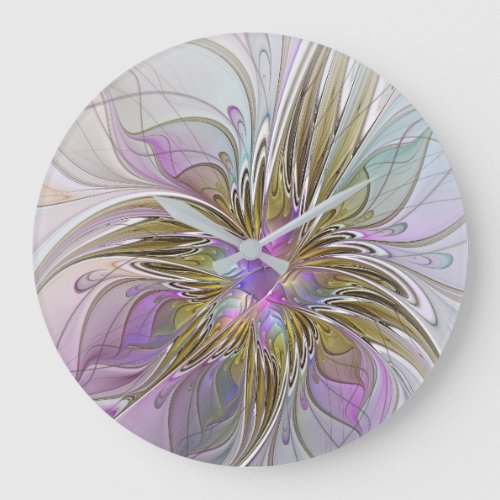 Floral Colorful Abstract Fractal With Pink  Gold Large Clock