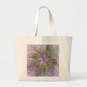 Floral Colorful Abstract Fractal With Pink & Gold Large Tote Bag