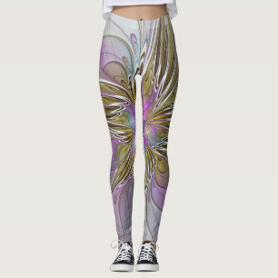 Floral Colorful Abstract Fractal With Pink & Gold Leggings