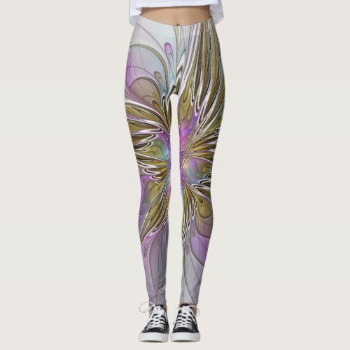 Floral Colorful Abstract Fractal With Pink  Gold Leggings