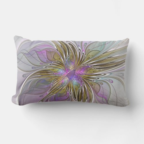 Floral Colorful Abstract Fractal With Pink  Gold Lumbar Pillow