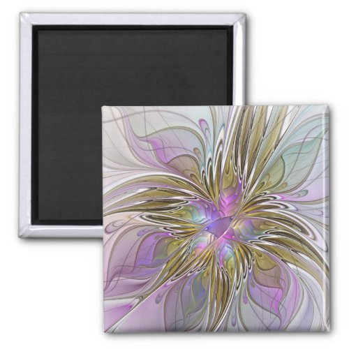 Floral Colorful Abstract Fractal With Pink  Gold Magnet