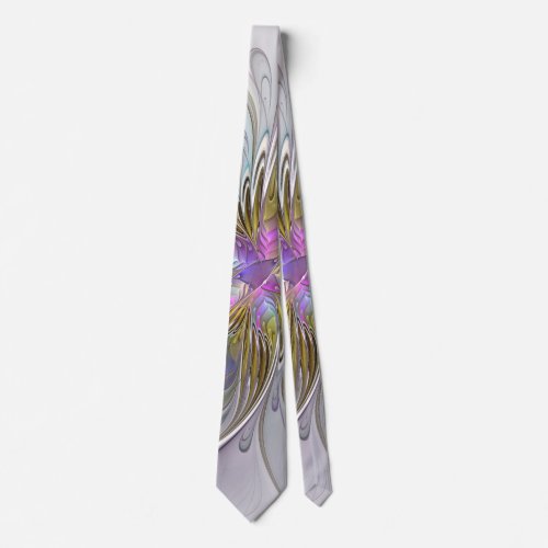 Floral Colorful Abstract Fractal With Pink  Gold Neck Tie