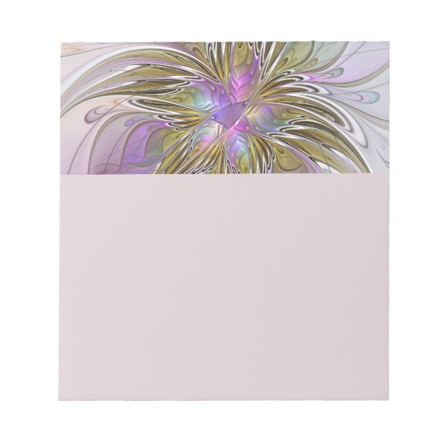 Floral Colorful Abstract Fractal With Pink & Gold Notepad (Front)