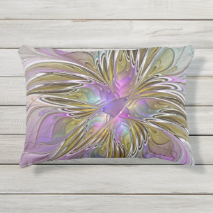Floral Colorful Abstract Fractal With Pink & Gold Outdoor Pillow