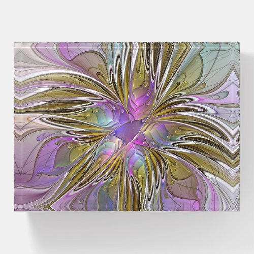 Floral Colorful Abstract Fractal With Pink  Gold Paperweight