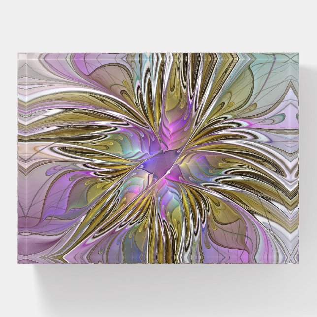 Floral Colorful Abstract Fractal With Pink & Gold Paperweight (Front)