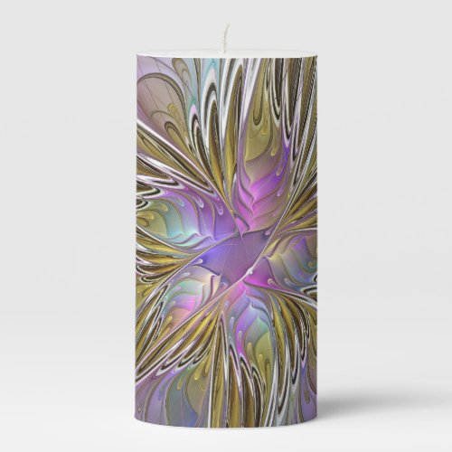 Floral Colorful Abstract Fractal With Pink  Gold Pillar Candle