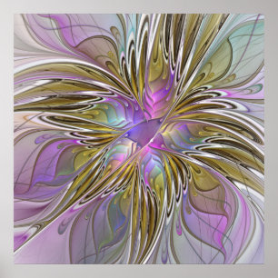 Floral Colorful Abstract Fractal With Pink & Gold Poster