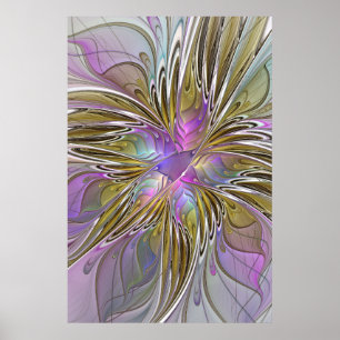 Floral Colorful Abstract Fractal With Pink & Gold Poster