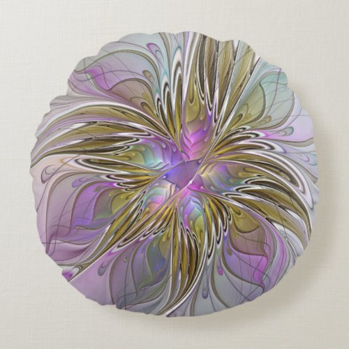 Floral Colorful Abstract Fractal With Pink  Gold Round Pillow