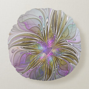Floral Colorful Abstract Fractal With Pink & Gold Round Pillow