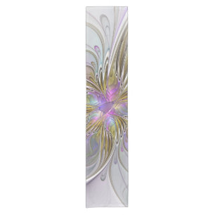 Floral Colorful Abstract Fractal With Pink & Gold Short Table Runner
