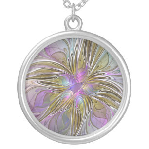 Floral Colorful Abstract Fractal With Pink & Gold Silver Plated Necklace