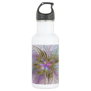 Floral Colorful Abstract Fractal With Pink & Gold Stainless Steel Water Bottle