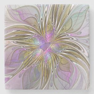 Floral Colorful Abstract Fractal With Pink & Gold Stone Coaster
