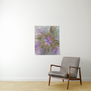 Floral Colorful Abstract Fractal With Pink & Gold Tapestry