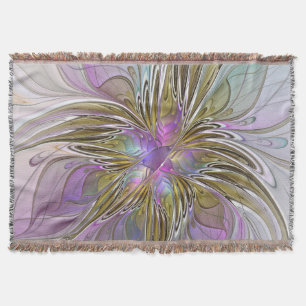 Floral Colorful Abstract Fractal With Pink & Gold Throw Blanket
