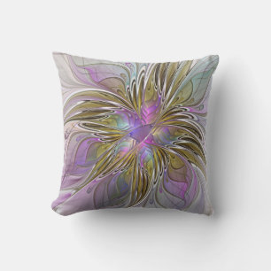 Floral Colorful Abstract Fractal With Pink & Gold Throw Pillow