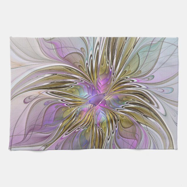 Floral Colorful Abstract Fractal With Pink & Gold Towel (Horizontal)