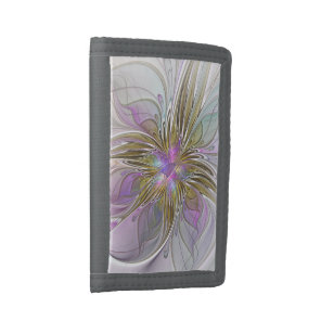 Floral Colorful Abstract Fractal With Pink & Gold Tri-fold Wallet