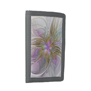 Floral Colorful Abstract Fractal With Pink & Gold Tri-fold Wallet