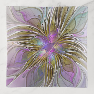 Floral Colorful Abstract Fractal With Pink & Gold Trinket Tray