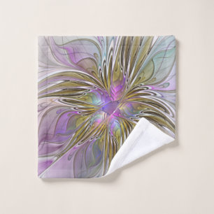 Floral Colorful Abstract Fractal With Pink & Gold Wash Cloth