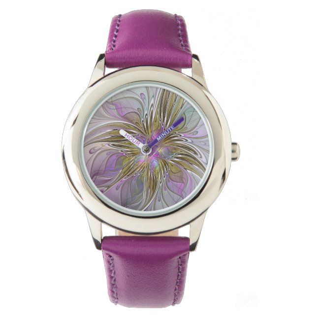 Floral Colorful Abstract Fractal With Pink & Gold Watch (Front)