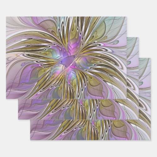 Floral Colorful Abstract Fractal With Pink  Gold Wrapping Paper Sheets