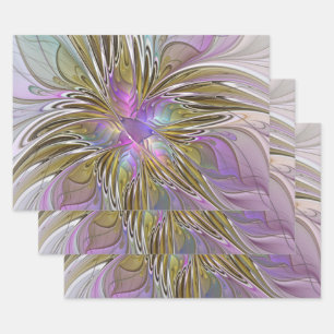 Floral Colorful Abstract Fractal With Pink & Gold Wrapping Paper Sheets