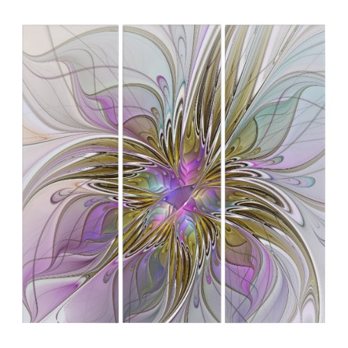 Floral Colorful Abstract With Pink  Gold Triptych