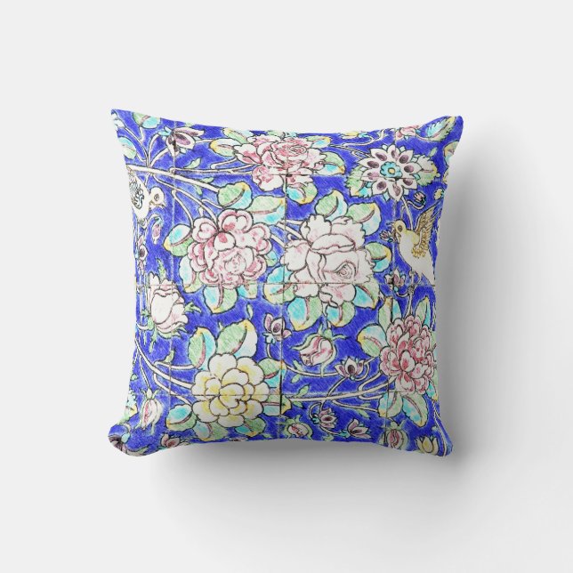 Floral Colorful Birds Blue Throw Pillow (Front)