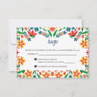 Floral Colorful Botanical Flowers Spanish Wedding RSVP Card