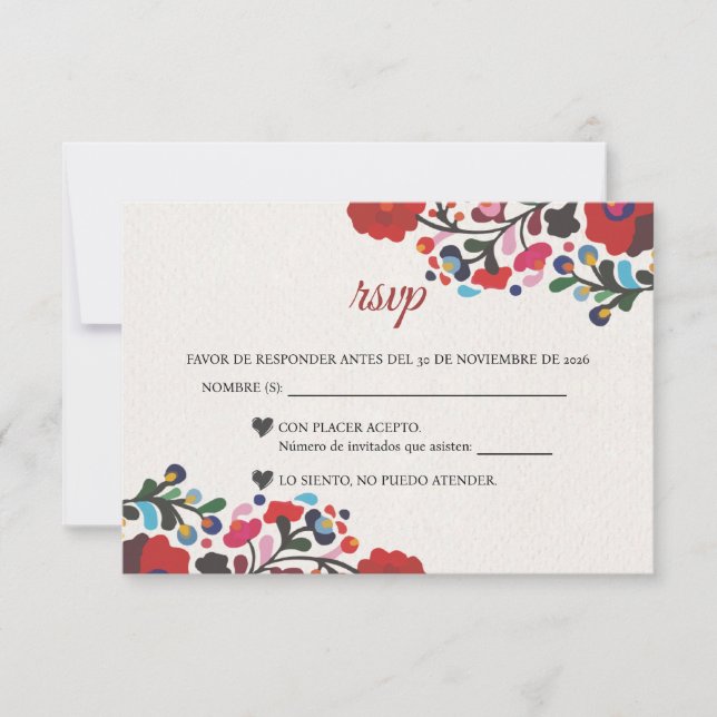 Floral Colorful Botanical Flowers Spanish Wedding RSVP Card (Front)