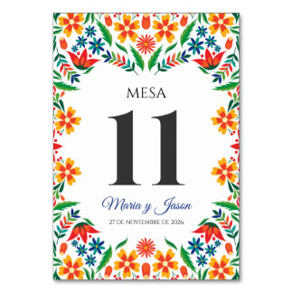 Floral Colorful Botanical Flowers Spanish Wedding Table Number