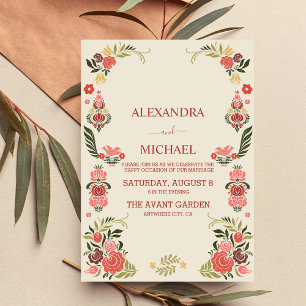 Floral colorful folk art wedding invitation