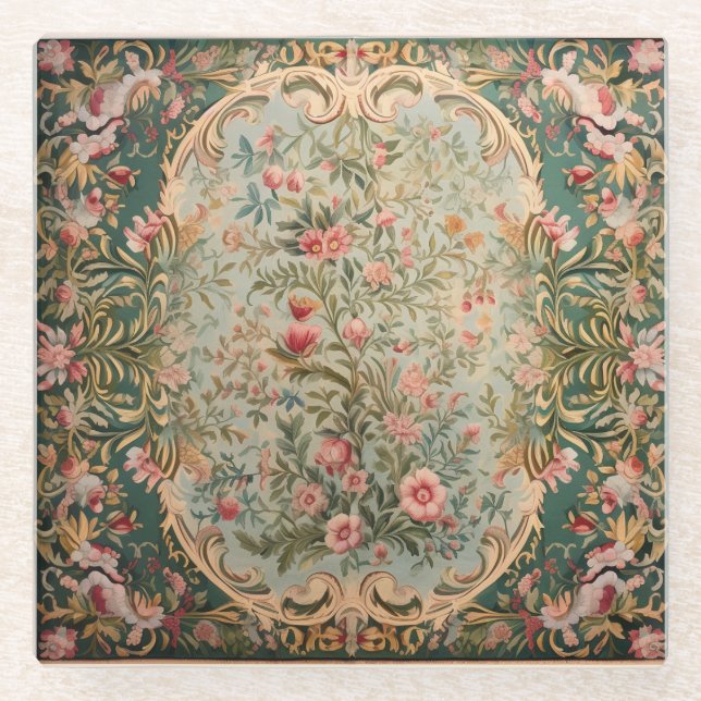 Floral Colorful Oriental Carpet Glass Coaster (Front)