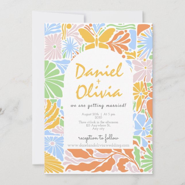Floral Colorful Retro Frame Wedding Invitation (Front)