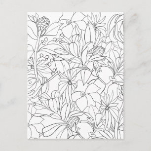 Floral coloring black white garden postcard