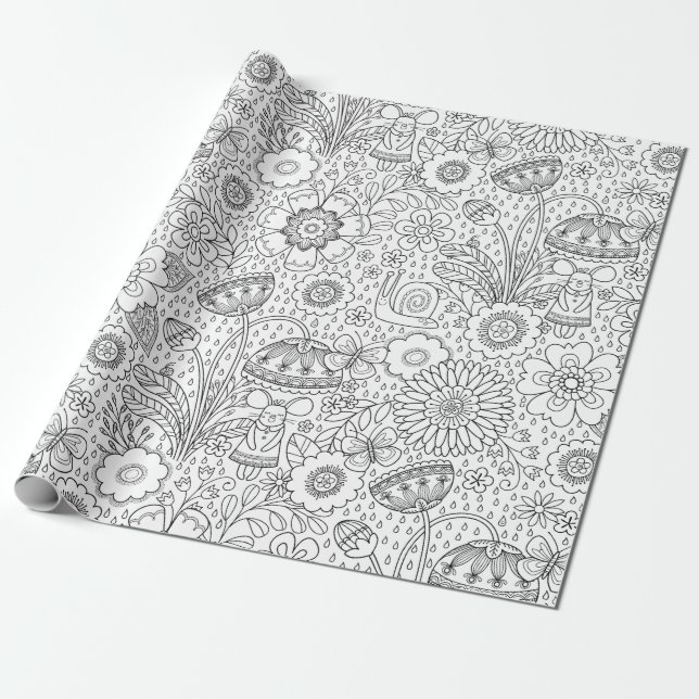 Floral Coloring Book Black White Wrapping Paper (Unrolled)