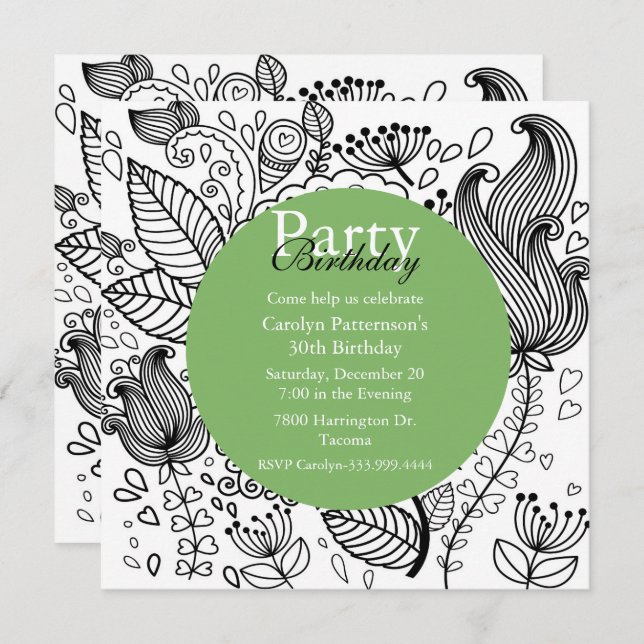 Floral Coloring Doodle Art Party Invitation (Front/Back)
