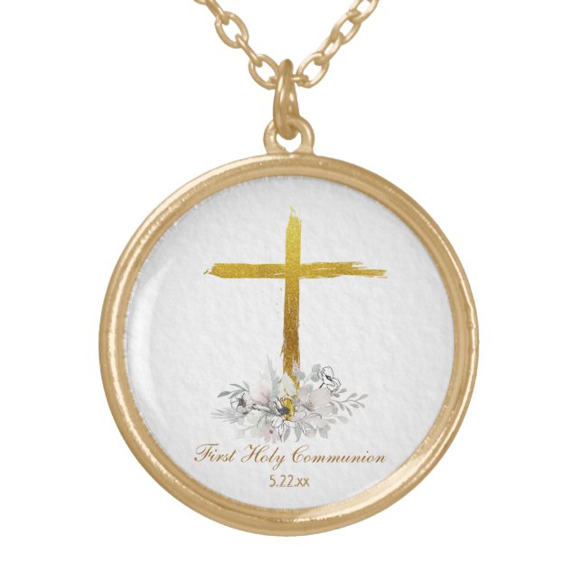 *~* Floral Communion AP35 Christian Confirmation Gold Plated Necklace (Front)