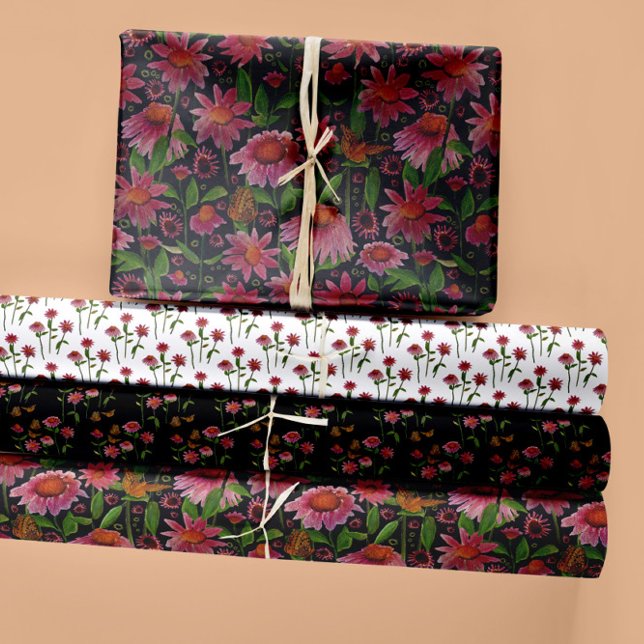 Floral Cone Flowers And Butterflies Decoupage Gift Wrapping Paper Sheets (Elegant Wildflowers Pink Orange Butterflies Wrapping Paper Sheets from Studio Posies. )
