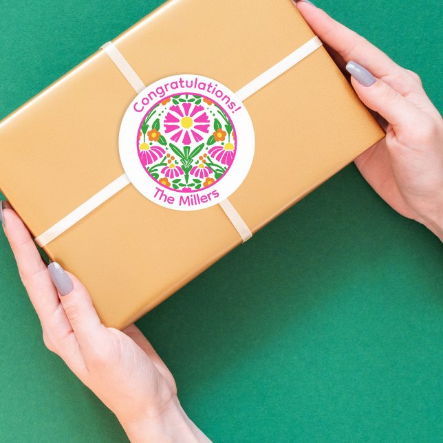 Floral Congrats – Personalized & Fun! Classic Round Sticker (Creator Uploaded)