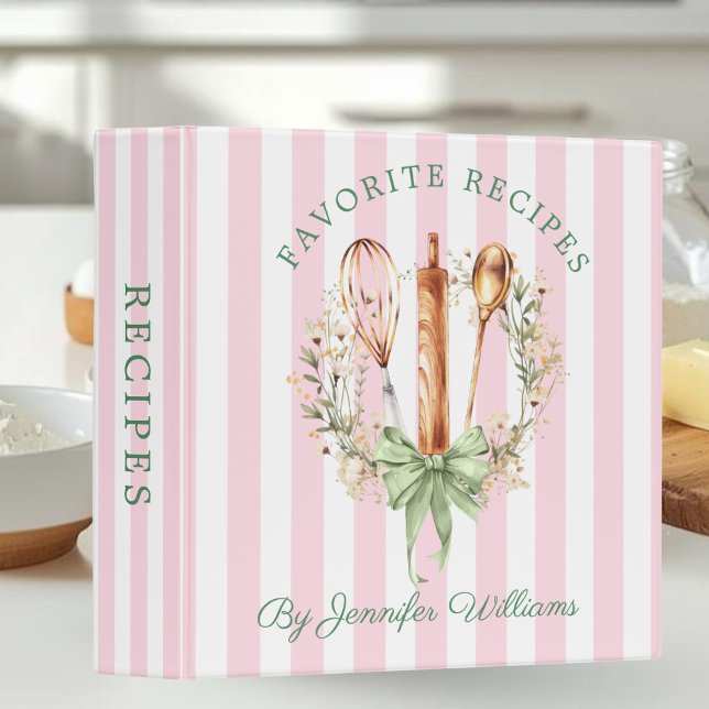 Floral Cooking Utensils & Favorite Recipes 3 Ring Binder (Pink stripe and Utensils Cooking Bakery Recipes Binder)