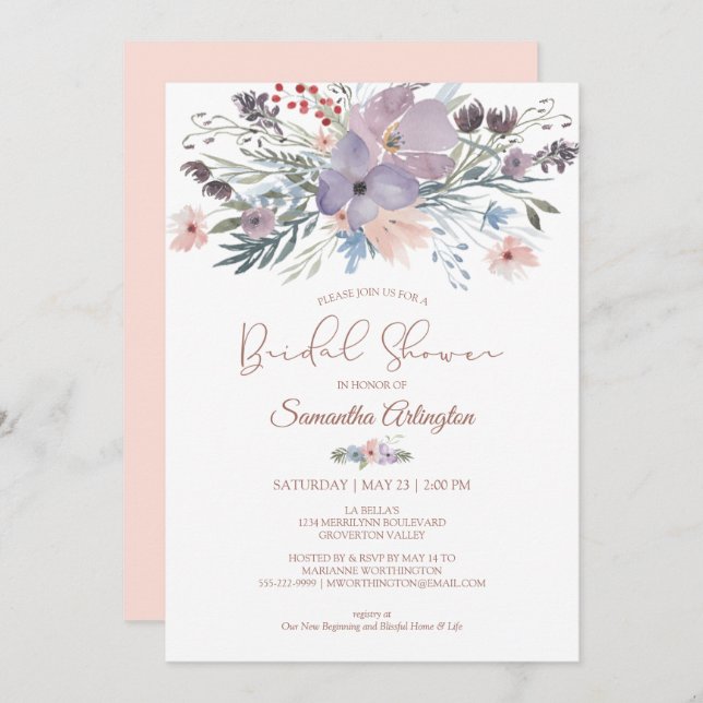 Floral Copper Blush Violet Bridal Shower Invitation (Front/Back)