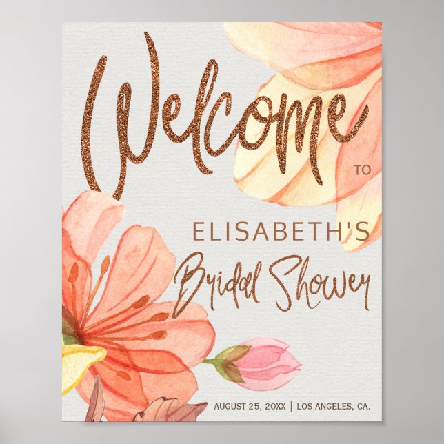 Floral copper glitter bridal shower welcome sign (Front)